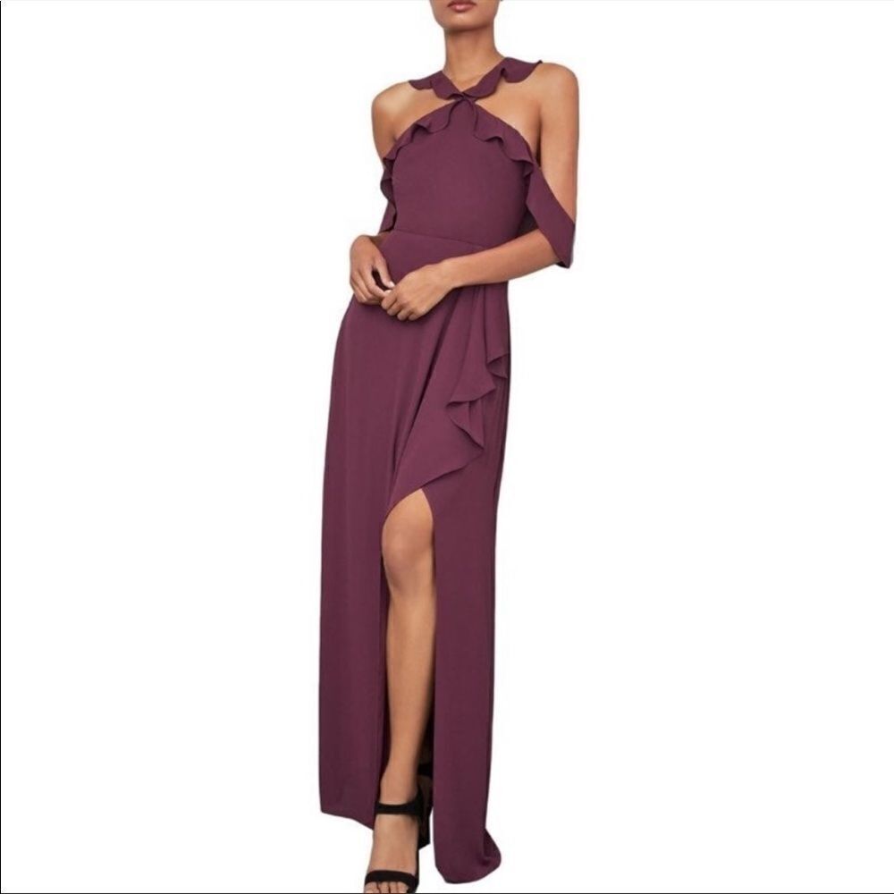 BCBGMAXAZRIA Sleeveless Ruffle Maxi Dress Burgundy 4
